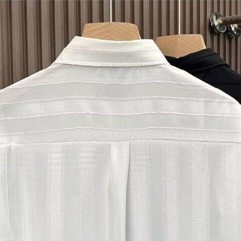 白色立体纹理长袖衬衫男士新款小众宽松休闲条纹衬衣高级复古上衣,男装衬衫,星座715-4