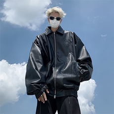 美拉德穿搭黑色皮衣外套女秋季美式复古宽松机车PU皮夹克上衣，男装夹克，星座716-2