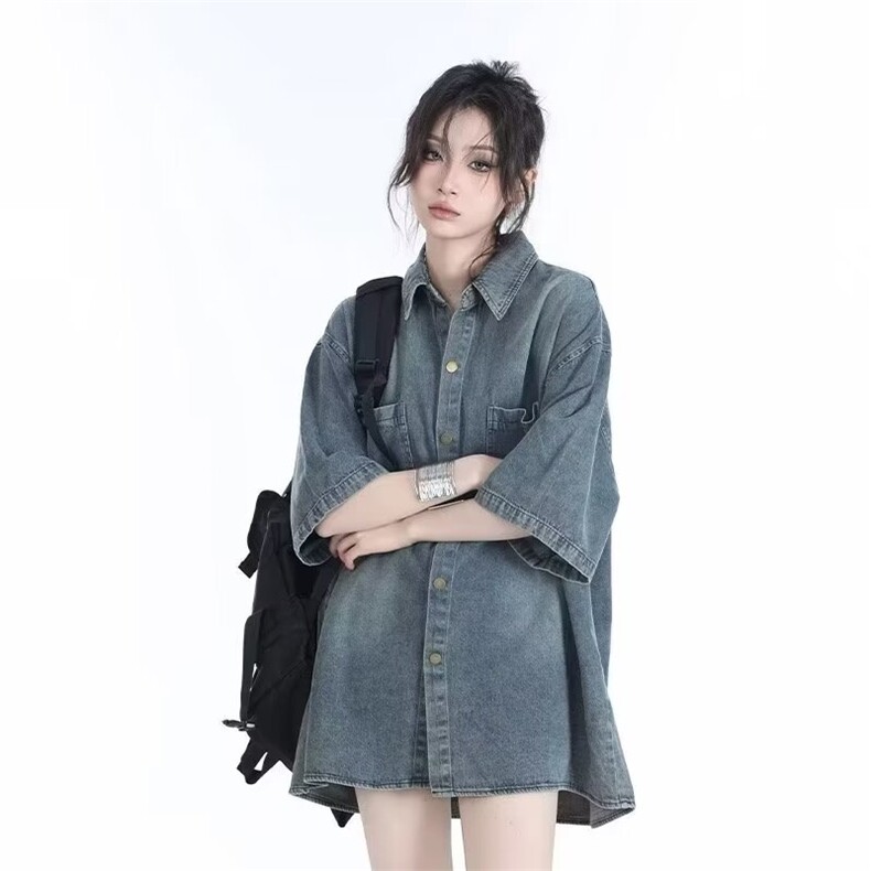 夏季短袖牛仔衬衫女ins潮牌港风小众设计感宽松半袖外套LJ177-P54,男装T恤,星座1008