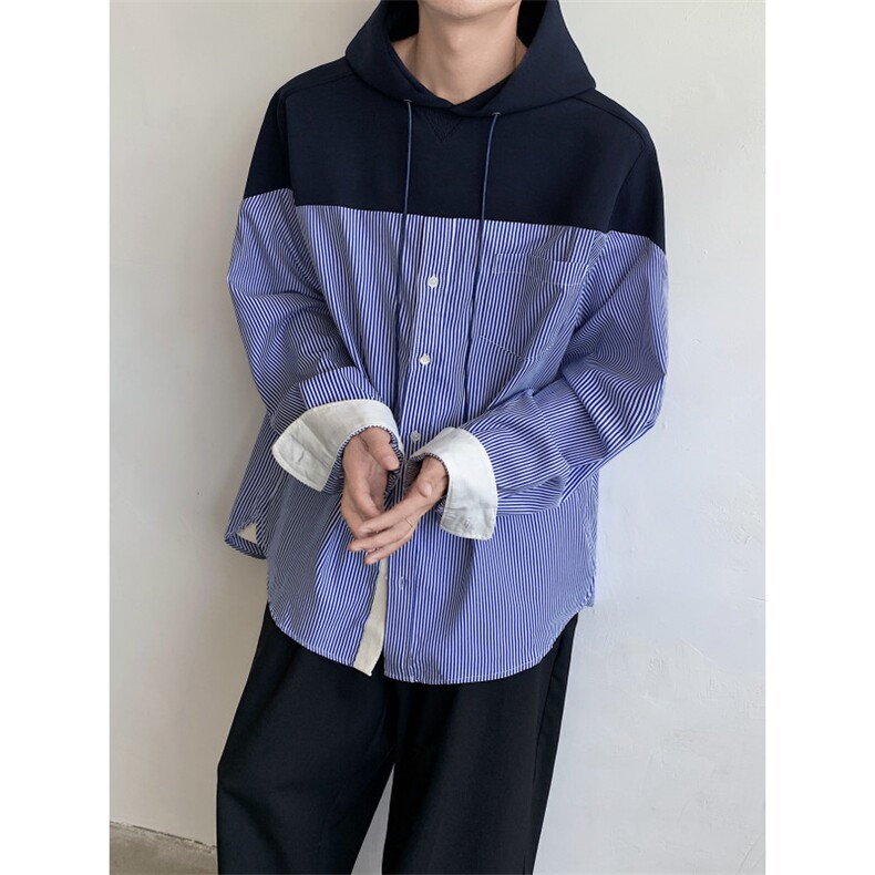 24秋冬拼接条纹设计感衬衫卫衣假两件连帽套头卫衣WY22-P85,男装衬衫,电商B288