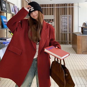 红色毛呢西装外套女高级感2025秋冬新款中长款毛呢西服小个子大衣图片