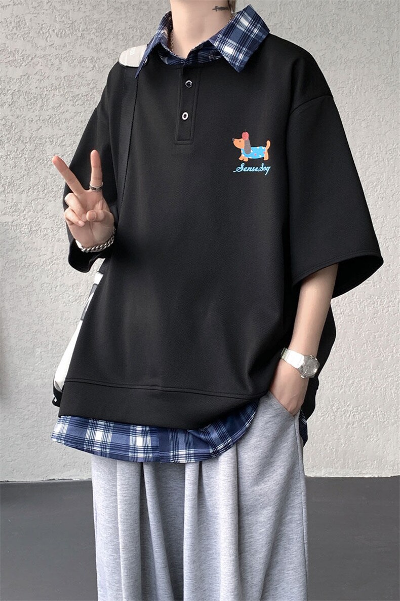 现货DX10119-特批30控68夏季新款大码假两件腊肠狗短袖T恤,男装T恤,电商A059