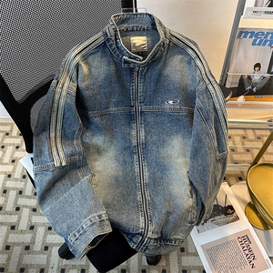 美式复古立领牛仔外套男女高街百搭水洗工装情侣夹克JK08946-P75图片