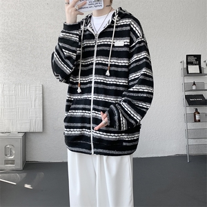 8XL-M潮情侣美式磨毛编织条纹针织衫卫衣宽松拉链外套WY30P88,粉色开衫怎么搭配白色裤子图片