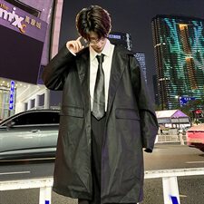 港风后背字母印花皮风衣男中长款过膝外套A090-FY90P115限138，男装风衣，电商A089-1