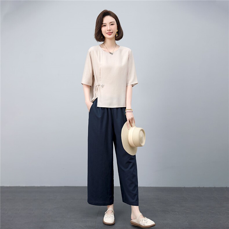 高端天丝麻上衣亚麻裤子2025夏装新款古风小衫两件套,女装套装/套裙,凝聚力