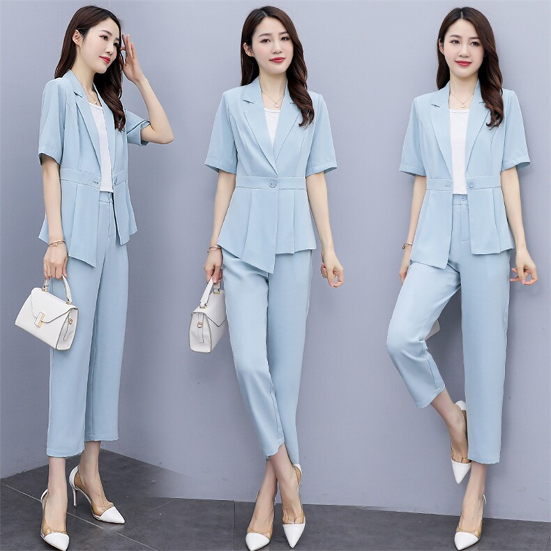 短袖西装套装女2023夏季新款女装韩版时尚ol气质西服两件套套裤潮，女装套装/套裙，慧尚依恋