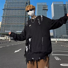 不规则破洞圆领针织衫男秋冬季街头慵懒风宽松情侣毛衣7178，男装针织衫/毛衣，星座506