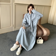 春现盐系浅蓝色条纹休闲风连衣裙B190-5010-P135-K198，女装连衣裙，2B190
