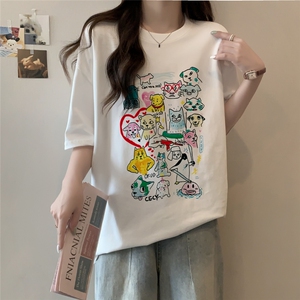 T0700-P25 手绘卡通涂鸦纯棉短袖 学院风学生情侣百搭图片