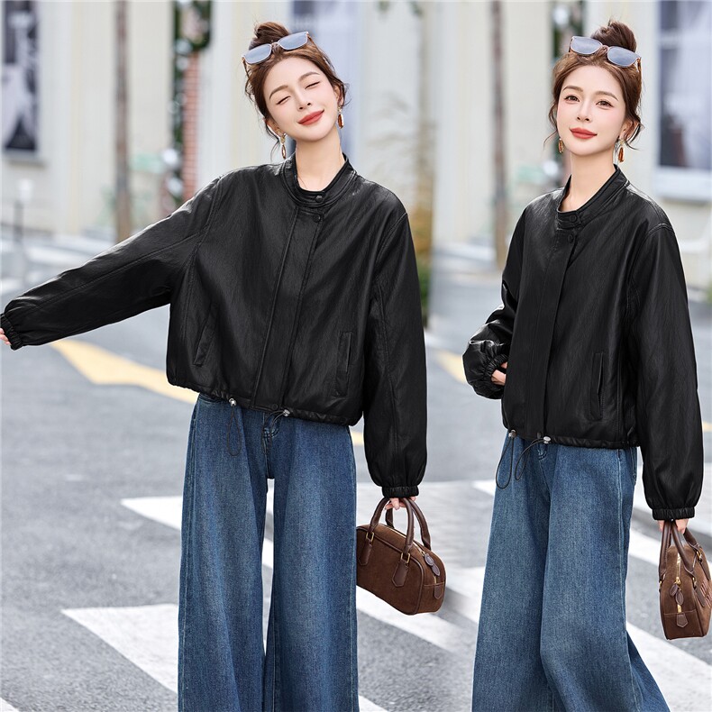 欧货高级感淡黄色白皮衣外套女2026春秋新款蝙蝠袖pu短夹克小个子,女装皮衣,江南女神