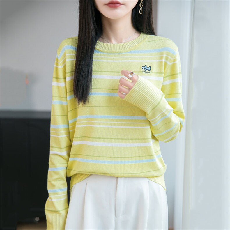 条纹刺绣长袖t恤女秋季2025新款打底衫洋气大码女装冰丝针织上衣,女装羊毛衫,萱芳婷羊绒