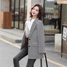 千鸟格毛呢外套女中长款欧洲站2021秋冬新款欧货加厚气质呢子大衣，女装毛呢外套，辉之琳