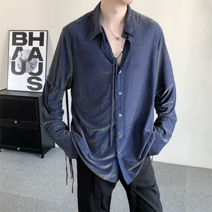 春秋明星同款演唱会重工闪钻宽松轻薄垂坠绑带长袖衬衫系带外套图片