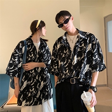 美式暗黑高街夏季冰丝扎染情侣装短袖衬衫男夏装衬衣港风潮流，男装衬衫，电商C306-1