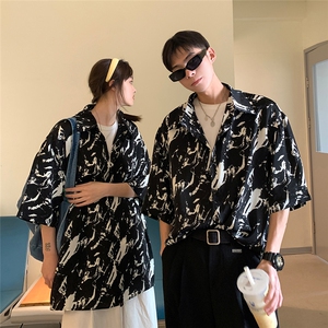 美式暗黑高街夏季冰丝扎染情侣装短袖衬衫男夏装衬衣港风潮流图片