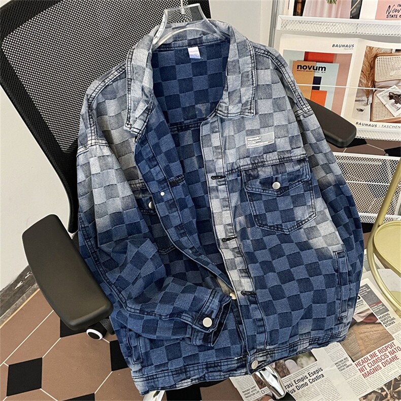 港风春款男牛仔夹克棋盘格字母贴边渐变色休闲外套JK49P70,男装夹克,星座1013-1