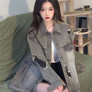 2025美式高街设计感水洗破洞牛仔外套男女春季做旧工装潮vibe夹克图片