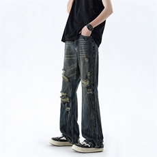 B221美式ins高街暗黑小众夏季重工艺破洞牛仔裤LK24178-P65控88，男装牛仔裤，电商B221