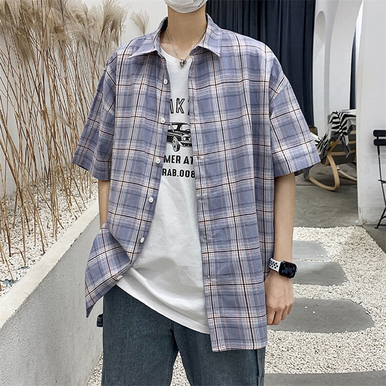 21年夏季短袖衬衫男宽松落肩港风格子衬衫男DS-C407-CS309-P35,男装衬衫,电商C323-1