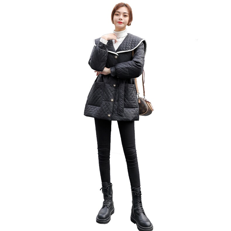 2021新款羽绒服女轻薄中长款菱形格翻领韩版宽松时尚白鸭绒外套,女装羽绒服,曼娅璐