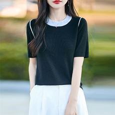 时尚撞色短袖t恤女夏季2025新款打底衫洋气大码女装冰丝针织上衣，女装T恤，思牵羊绒