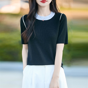 时尚撞色短袖t恤女夏季2025新款打底衫洋气大码女装冰丝针织上衣图片