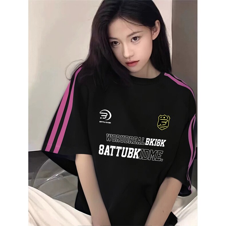 抖音得物品质二开240克宽松纯棉美式潮牌印花三条杠中性风短袖T恤,男装T恤,电商A486-1