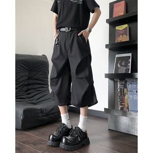 潮牌设计感撞钉褶皱休闲短裤男cleanfit痞帅阔腿七分裤D069-P38图片