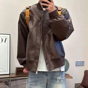 美式解构pu皮衣外套男款秋冬棒球服短款夹棉机车夹克JK8341图片