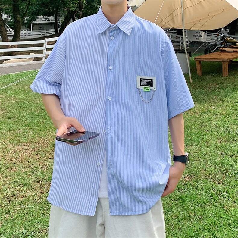 高品质全棉冰丝条纹短袖衬衫港风撞色衬衣XCS222-特P29控58,男装T恤,电商B370