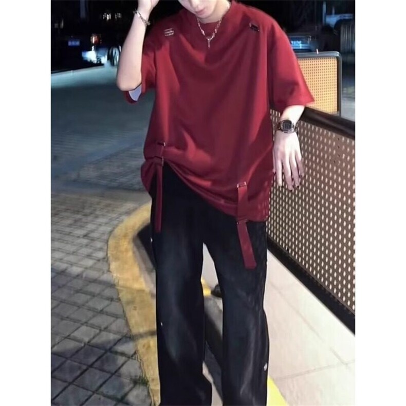 高级感宽松短袖男女款夏季圆领绑带重磅垫肩T恤工装机能半袖上衣,男装T恤,星座506A