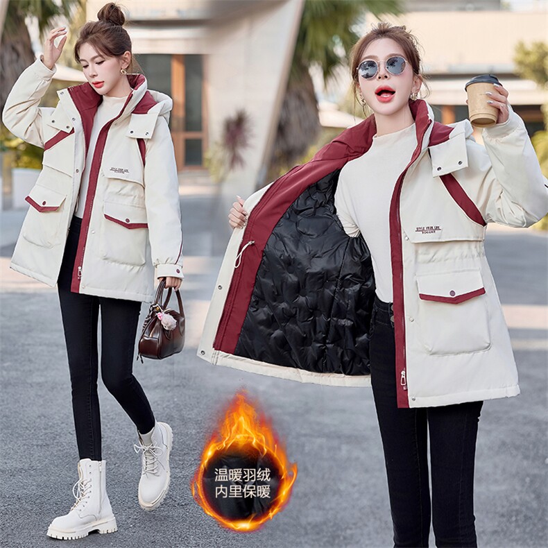 拼色工装羽绒服女中长款2026冬季新款保暖白鸭绒冲锋衣派克服外套,女装羽绒服,星宇服饰