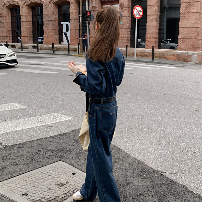 港风蓝色复古牛仔连体裤女2025春秋季新款韩版高腰休闲显瘦连衣裤,女装连体裤,新思路
