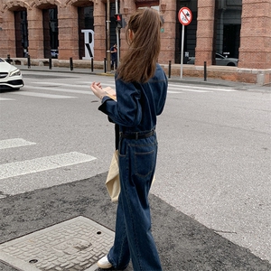 港风蓝色复古牛仔连体裤女2025春秋季新款韩版高腰休闲显瘦连衣裤图片