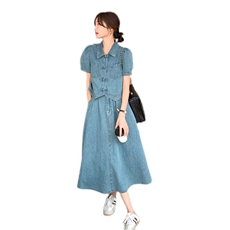新中式盘扣蓝色牛仔上衣女夏2025新款港风复古显瘦高腰半身裙，女装运动套装，浙宝285（原212）
