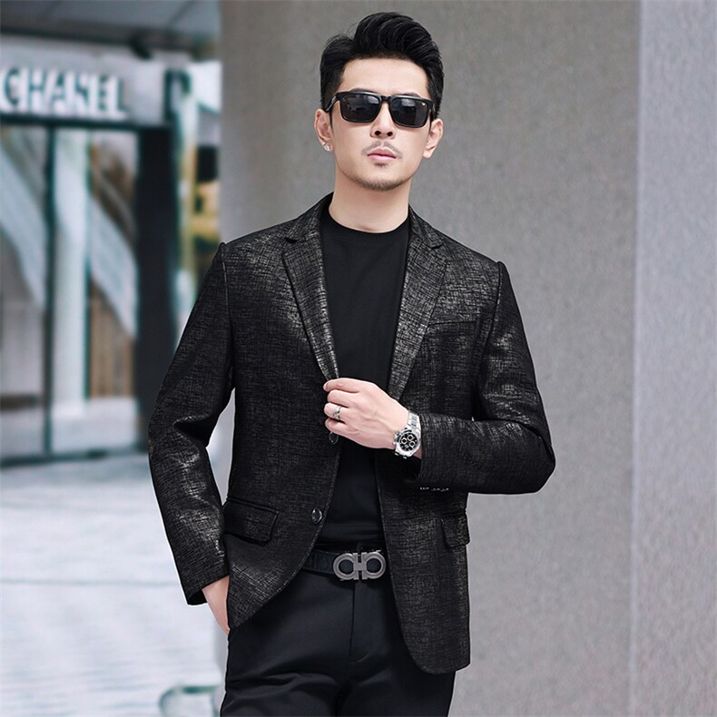 春秋款男士皮衣商务西服金牙签印花绵羊皮外套休闲男装夹克图片