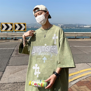 B239-1133-P38 美式 十字架字母印花 复古水洗做旧落肩袖 短袖T恤图片