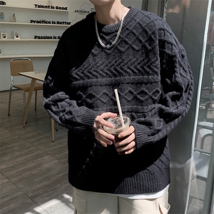 港风秋冬男圆领套头毛衣条纹针织衫提花拼接外套M0236 P55图片