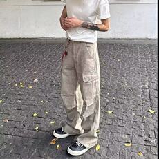 美式复古大理石暗纹口袋直筒阔腿工装伞兵裤+挂坠310A-4-A109-P65，男装牛仔裤，星座310A-4