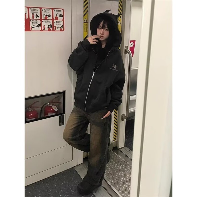 2024不计后果德文猫杜宾犬连帽加绒卫衣女秋冬美式复古狗耳朵外套,男装卫衣,星座506A