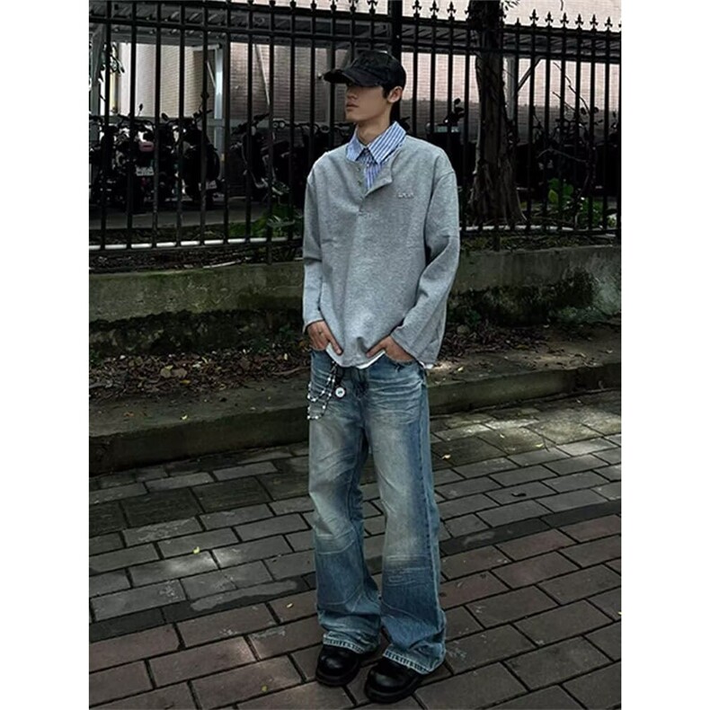 假两件纽扣短袖polo衫男秋季潮流宽松拼接条纹翻领t恤半袖上衣服,男装Polo衫,星座813-2