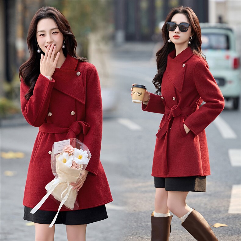 新款2025年冬季双旦新年主推款收腰中长款气质设计感毛呢外套，女装毛呢外套，乐吉娜