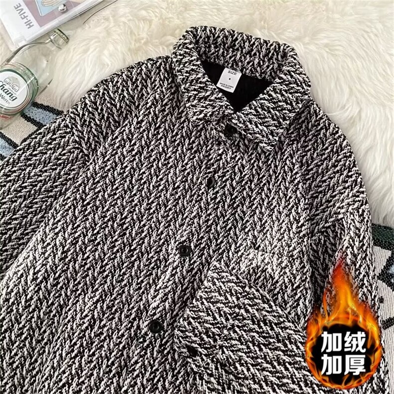 复古小香风外套男士春秋款高级感潮流翻领格子衬衫休闲男夹克,男装夹克,星座1013-1
