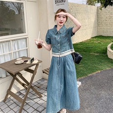 高级感蕾丝拼接牛仔衬衫套装裙女2025夏新款高腰显瘦半身裙两件套，女装套装/套裙，2C159