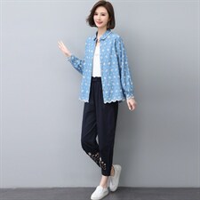 套装女2022秋季新款时尚休闲妈妈两件套牛仔绣花，女装大码女装，奕阳依阁