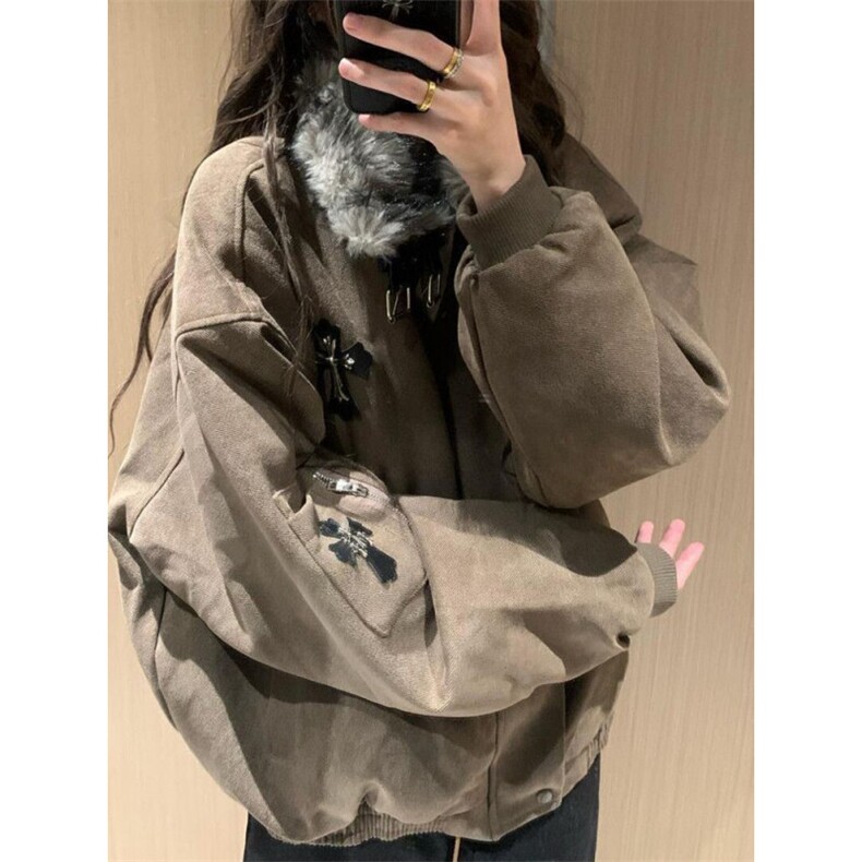 美式复古毛领十字架连帽棉服外套秋冬夹棉中性风男女M07862-P103,男装棉衣,星座308B-2