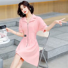 2024夏季新款简约优雅气质翻领休闲时尚高腰舒适修身连衣裙，女装连衣裙，三木叶子