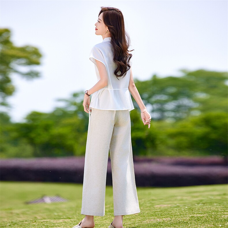 时尚休闲套装女夏季薄款2025新款高级感减龄短袖衬衫阔腿裤两件套,女装套装/套裙,靓衣阁