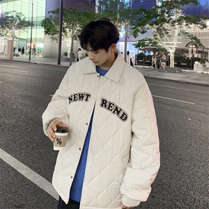 夹克棉衣男潮牌冬翻领字母痞帅棒球服外套大码棉服M0781-P95,深灰色牛仔外套搭配黑色裤子图片